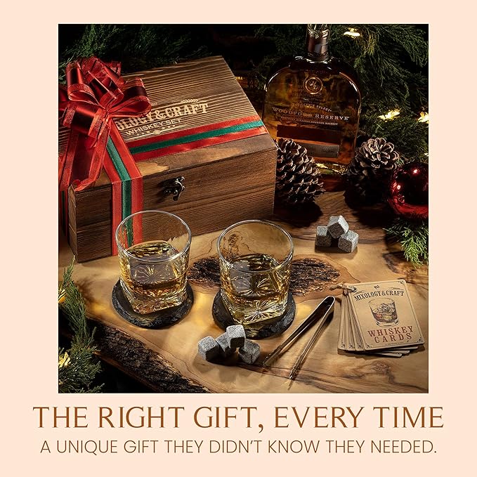 Mixology & Craft Whiskey Stones Gift Set – Includes Two 10oz Crystal Whiskey Glasses, 8 Granite Chilling Rocks, Slate Coasters, Metal Tongs, Cocktail Recipe Cards, Elegant Wooden Storage Box