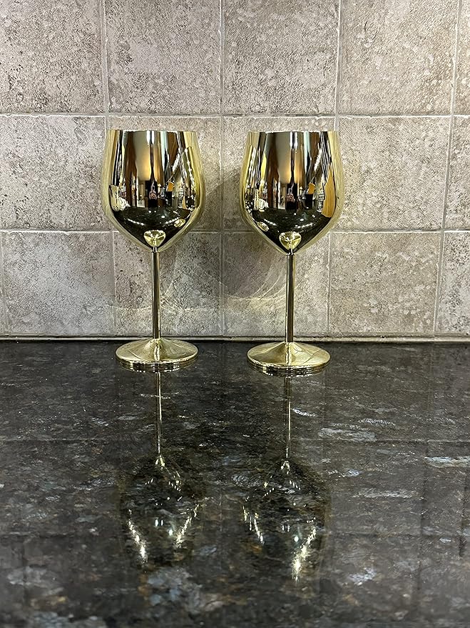 K&K Home Gold Stainless Steel Unbreakable Wine Glasses - 18 oz - Set of 2 Colored, Stemmed Metal Wine Glasses Perfect for Outdoors, Weddings, and Parties (Gold, Set of 2)