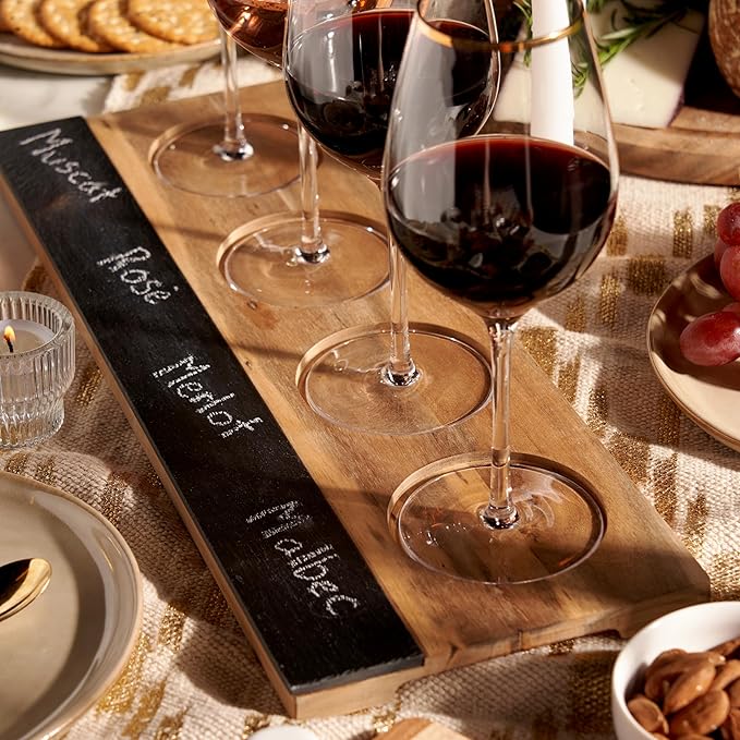 Twine Wine Flight Board with Slate Chalkboard & Acacia Wood Tray, Holds 4 Glasses, Includes Soapstone Chalk, Perfect for Wine Tasting Parties, Housewarming, Hosting Essentials