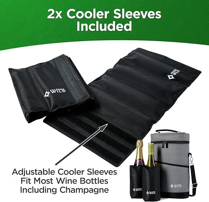 Falcona Wild Wine Cooler Bag Plus Two Cooler Sleeves – Holds 2 Bottles – Keeps Drinks Cold for Hours – Fits Standard, Tall and Champagne Bottles – Portable Insulated Wine Tote Carrier Bags For Travel