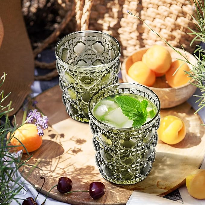 Joeyan Vintage Small Drinking Glasses,Green Embossed Colored Gemstone Water Glass Tumbler,Cocktail Juice Whiskey Milk Wine Glassware Cups,11 oz,Set of 6,Dishwasher Safe