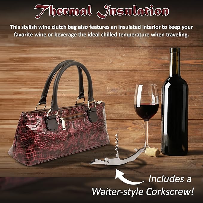 Primeware Wine Clutch Bag (Thermal Insulated) Trendy Women’s Carry Tote | Holds Red & White 750mL Bottles | Trendy Fashion | Incl. Portable Waiter-Style Corkscrew