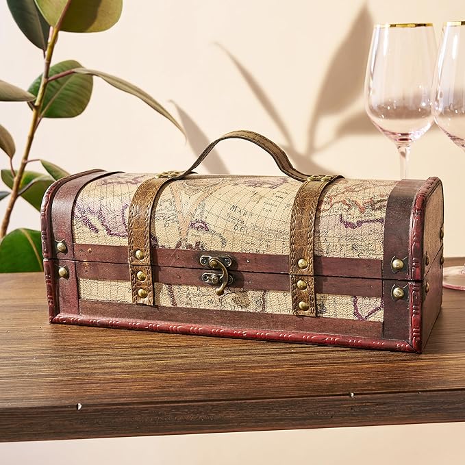 Twine Old World Wine Bottle Gift Box, Wooden Wine Box with Lid and Handle, Wood, Faux Leather, Antique Map Design, Holds 1 Bottle