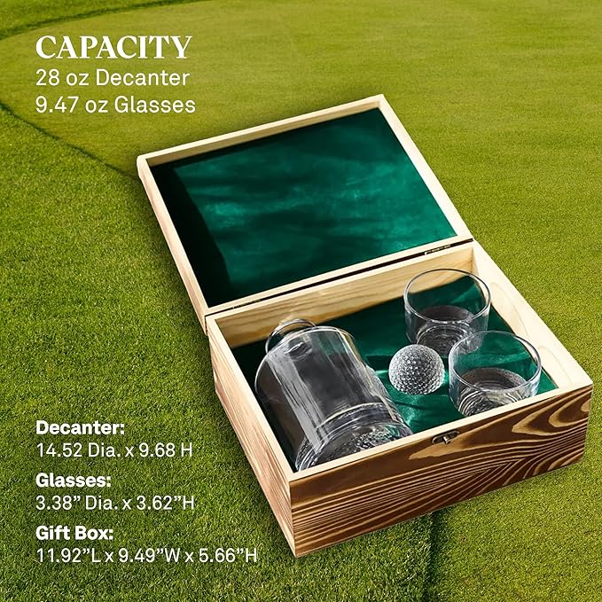 Wine Enthusiast Golf Whiskey Decanter Glasses Gift Set Box – Golf Themed Lead-Free Crystal Decanter, 2 Golf Ball Glasses Wood Box – Unique Gift for Men, Whiskey Lovers, Golfers