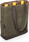 PICNIC TIME 2 and 3 Bottle Insulated Wine Bag, Distressed Waxed Canvas Wine Tote, Durable Bottle Carrier Bag for Gifts and Travel with Side Pockets & Removable Divider (Khaki Green with Brown Accents)
