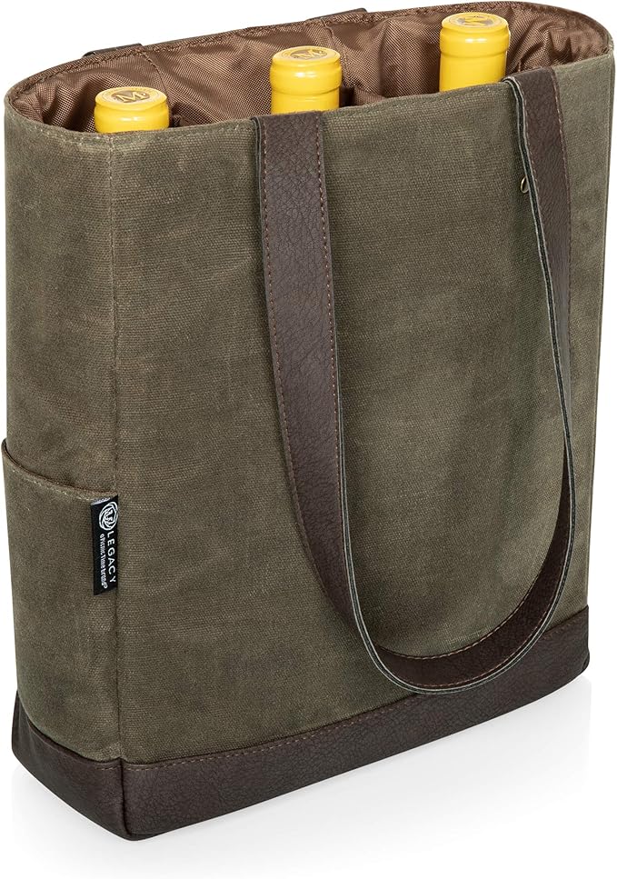 PICNIC TIME 2 and 3 Bottle Insulated Wine Bag, Distressed Waxed Canvas Wine Tote, Durable Bottle Carrier Bag for Gifts and Travel with Side Pockets & Removable Divider (Khaki Green with Brown Accents)