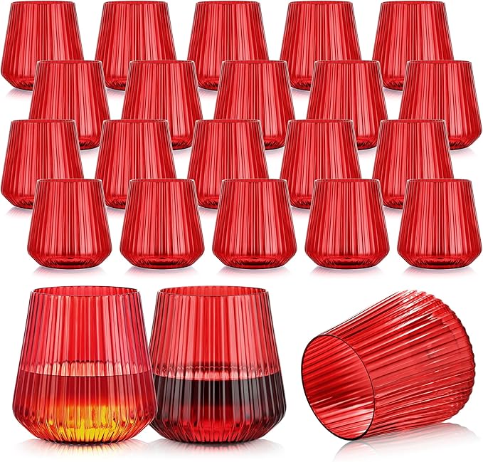 24 Pack Red Plastic Wine Cups for Party, 14oz Disposable Stemless Ribbed Wine Glasses for Christmas, Unbreakable Outdoor Cocktail Glasses, Heavy Duty Reusable Plastic Drinking Cup for Mimosa Bar