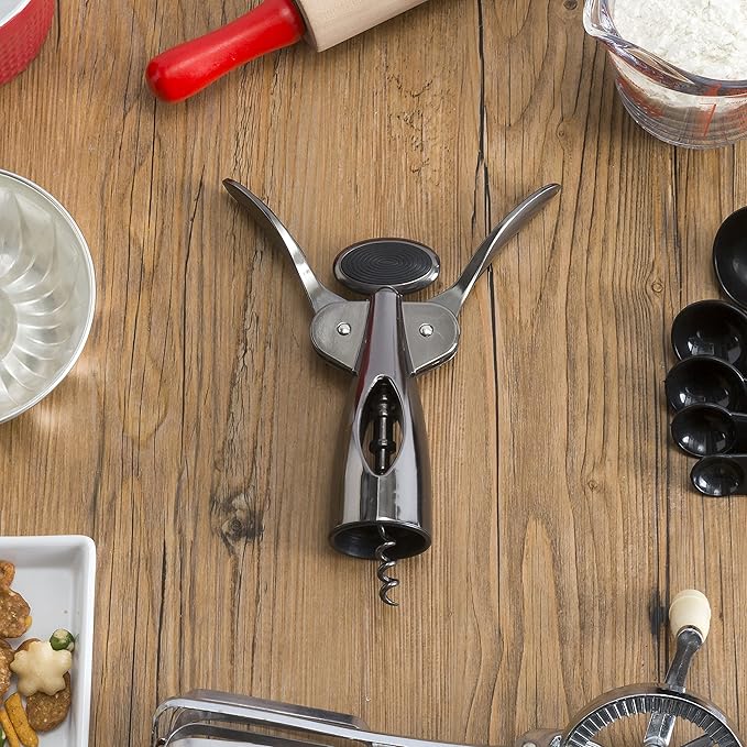 HomeBasics Wine Opener – Premium Zinc Plated Steel Wing Corkscrew – Black Onyx