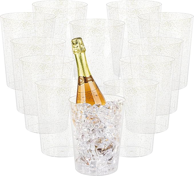 Tiawudi 12 Pack Plastic Ice Bucket For Parties, Gold Glitter Clear Wine Cooler for Wedding, Good as One Large Champagne Chiller Or Classic Wine Bottle Chiller