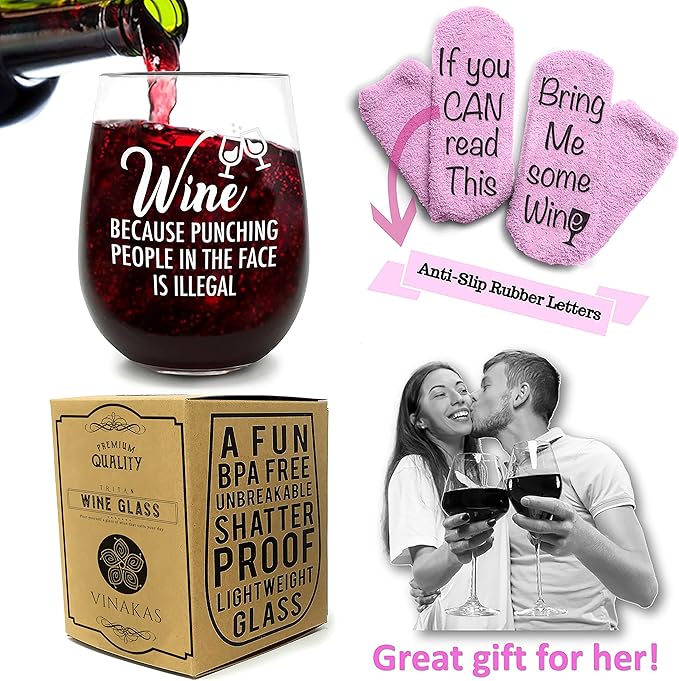 FUNNY WINE GLASSES + WINE SOCKS -16 oz Unbreakable Stemless Wine Glass With Sayings & Fuzzy Girl Socks “If You Can Read This, Bring Me Some Wine"
