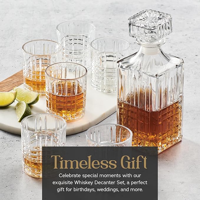 Style Setter Whiskey Decanter Set with Glasses - Prestigious Whiskey Set with 25oz Liquor Decanter and 6 Glasses - Upscale Whisky Decanter & Glass Set - Birthday Gifts Fathers Day