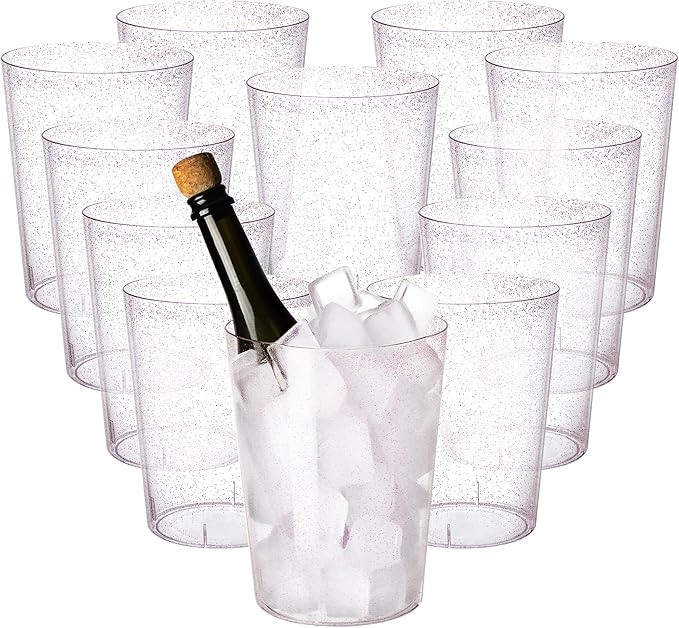 Tiawudi 12 Pack Plastic Ice Bucket For Parties, Rose Gold Glitter Clear Wine Cooler for Wedding, Good as One Large Champagne Chiller Or Classic Wine Bottle Chiller