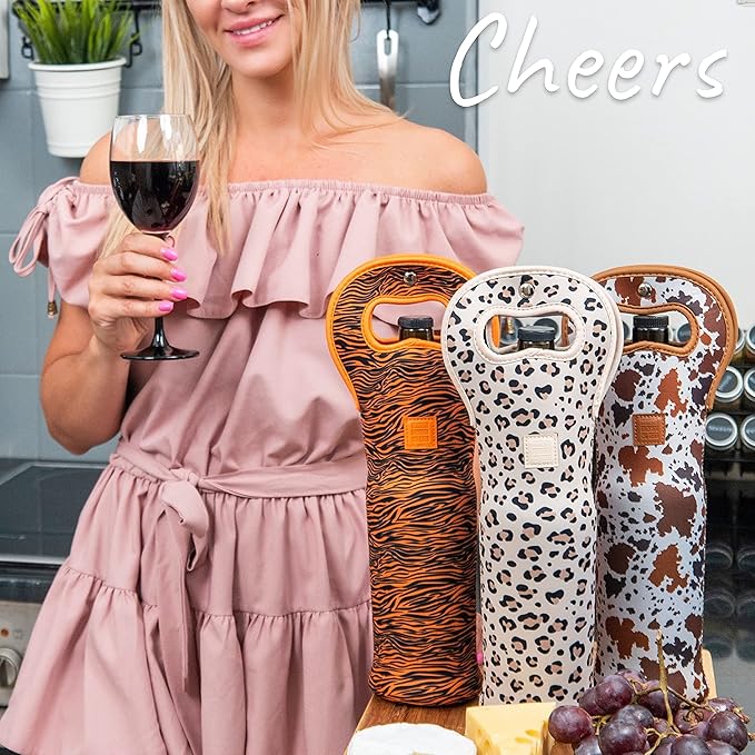 Made Easy Kit Insulated Wine Tote - Neoprene Wine Carrier Bag with Magnetic Handle Clasp - Wine Bottle Protective Travel Bag - Perfect for Gifting Travel or Gift Bag - Set of 3 (Animal Prints)