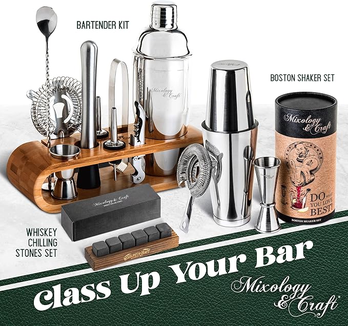 Mixology & Craft Boston Shaker Set with Weighted Martini Shakers | Cocktail Shaker Set Includes Strainer and Japanese Jigger | Great Gift Bar Set with Exclusive Recipe Cards | Leak-Proof (Silver)