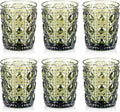 Joeyan Vintage Small Drinking Glasses,Green Embossed Colored Gemstone Water Glass Tumbler,Cocktail Juice Whiskey Milk Wine Glassware Cups,11 oz,Set of 6,Dishwasher Safe