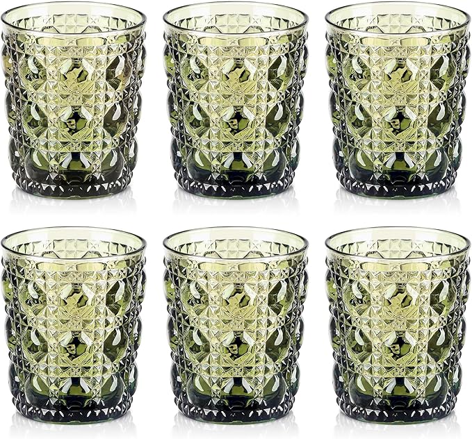 Joeyan Vintage Small Drinking Glasses,Green Embossed Colored Gemstone Water Glass Tumbler,Cocktail Juice Whiskey Milk Wine Glassware Cups,11 oz,Set of 6,Dishwasher Safe