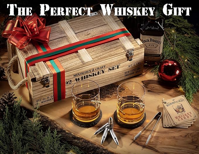 Mixology & Craft Whiskey Stones Set with Glasses & Steel Bullets, Gift for Men