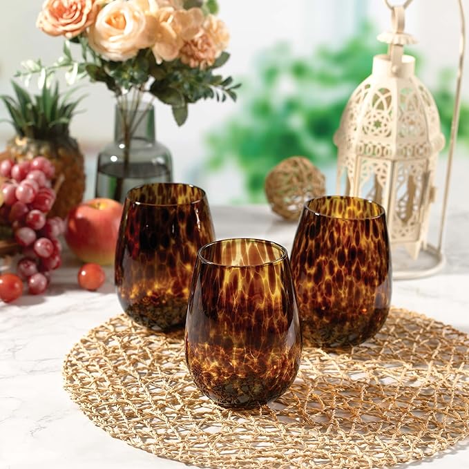 Joseph Sedgh Collection Tortoise Shell Stemless Wine & Water Glass Set of 4 – 16.91 oz Borosilicate Tumblers – Durable, Lead-Free, Dishwasher Safe – Gift Box Packaged