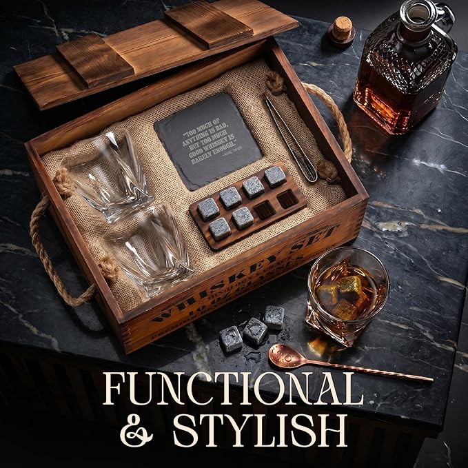 Mixology & Craft Premium Whiskey Set | Two 10oz Cystal Old-Fashioned Glasses, 8 Granite Chilling Stones, Metal Tongs, Recipe Cards in Rustic Wooden Crate Gift Set | Jameson Whiskey