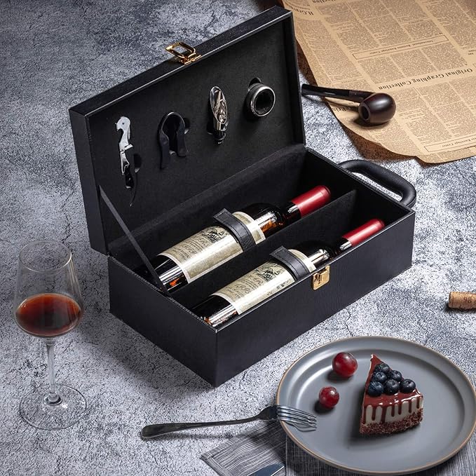 Wine Box, 2-Bottle Leatherette Top Handle Wine Carrier Case With 4 Accessories