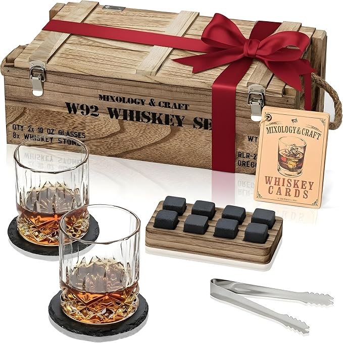 Mixology & Craft Whiskey Gift Set - Includes 2 Lead-Free Crystal Glasses, 8 Granite Chilling Stones, 2 Slate Coasters, Metal Tongs & Recipe Cards with a Wooden Army Crate Box