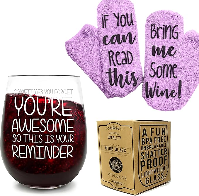 FUNNY WINE GLASSES + WINE SOCKS -16 oz Unbreakable Stemless Wine Glass With Sayings & Fuzzy Girl Socks “If You Can Read This, Bring Me Some Wine"