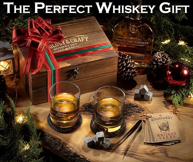 Mixology & Craft Whiskey Stones Gift Set for Men, 10 oz Whiskey Glasses w/ 8 Granite Chilling Rocks, 2 Coasters, Metal Tong & Cocktail Cards in Wooden Box - Round (Pack of 2)