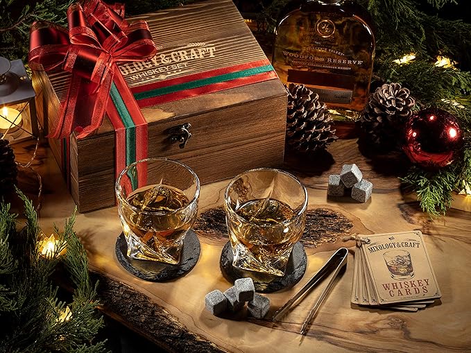 Mixology Whiskey Stones Gift Set for Men - Pack of 2, 10 oz Whiskey Glasses w/ 8 Granite Chilling Rocks, 2 Coasters, Metal Tong & Cocktail Cards in Wooden Box - Twist