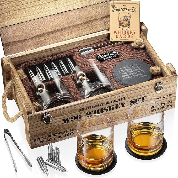 Mixology & Craft Whiskey Stones Set with Glasses & Steel Bullets, Gift for Men