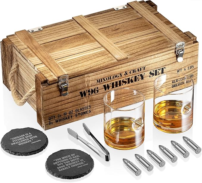 Mixology & Craft Whiskey Stones Set with Glasses & Steel Bullets, Gift for Men