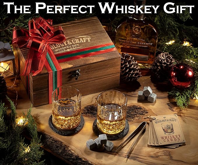 Mixology & Craft Whiskey Glasses Gift Set for Men - Pack of 2 Diamond Cut Glasses w/ 8 Granite Chilling Stones, 2 Coasters, Tongs & Cocktail Recipe Book in Wooden Crate