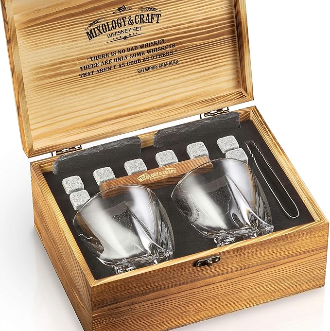 Mixology Whiskey Stones Gift Set for Men - Pack of 2, 10 oz Whiskey Glasses w/ 8 Granite Chilling Rocks, 2 Coasters, Metal Tong & Cocktail Cards in Wooden Box - Twist