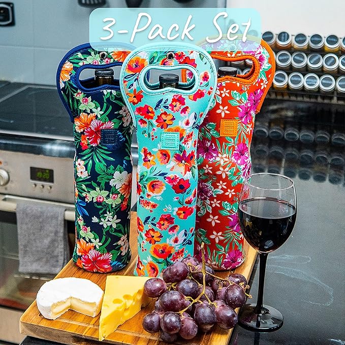 Made Easy Kit Insulated Wine Tote Set of 3 – Neoprene Wine Bottle Carrier with Magnetic Handle – Triple-Stitched Protective Bag for Travel, Gifting, and BYOB Events (Black)